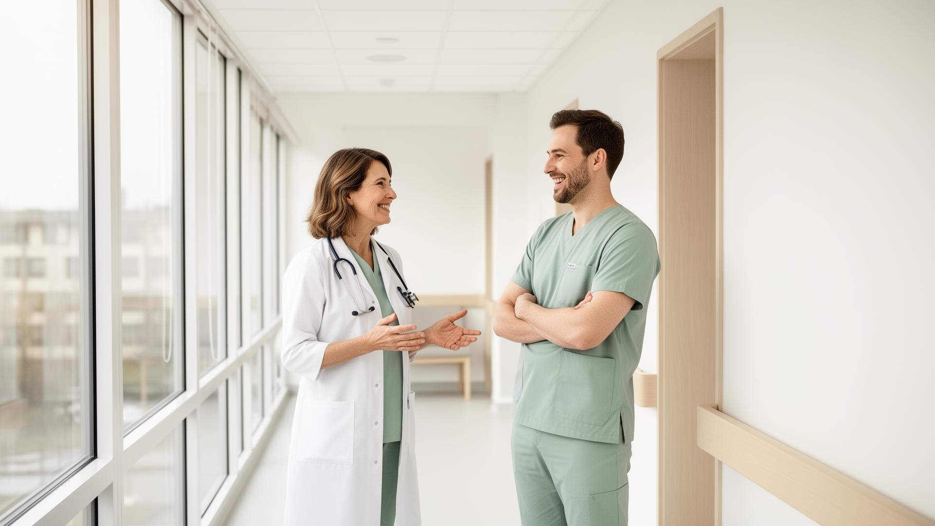 Vårdteam i ljus skandinavisk klinikmiljö samtalar avslappnat